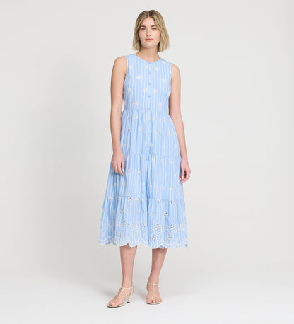 Rose Blue Stripe Cotton Broderie Sleeveless Midi Dress