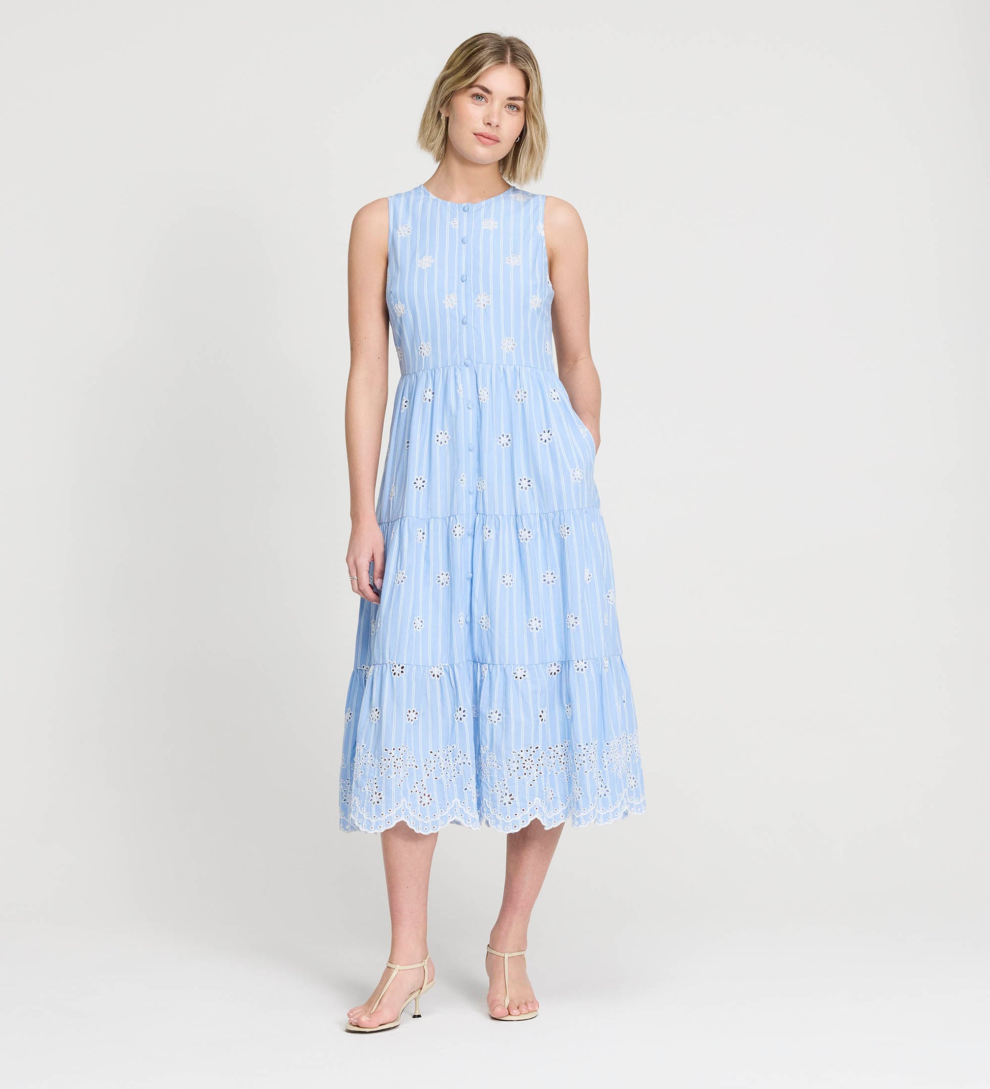 Rose Blue Stripe Cotton Broderie Sleeveless Midi Dress