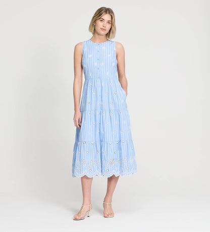 Rose Blue Stripe Cotton Broderie Sleeveless Midi Dress