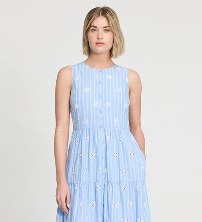 Rose Blue Stripe Cotton Broderie Sleeveless Midi Dress