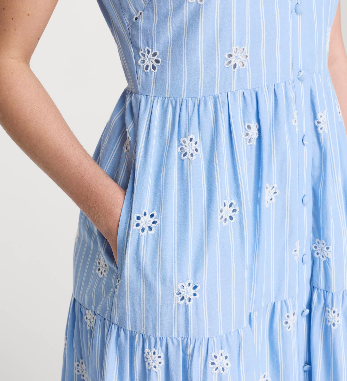 Rose Blue Stripe Cotton Broderie Sleeveless Midi Dress