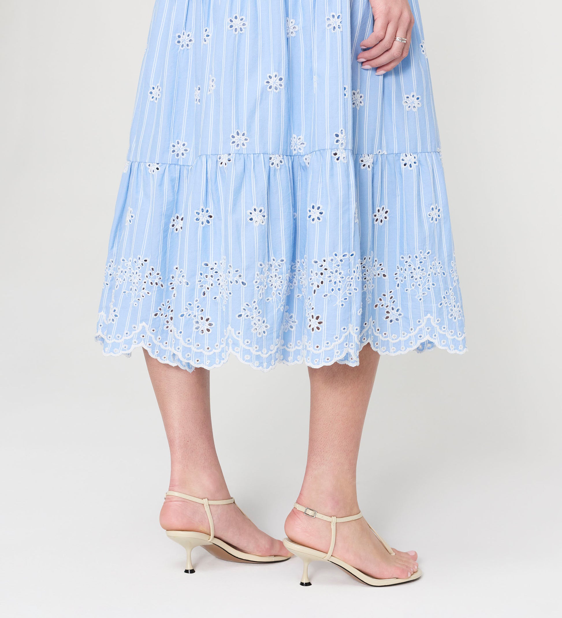 Rose Blue Stripe Cotton Broderie Sleeveless Midi Dress