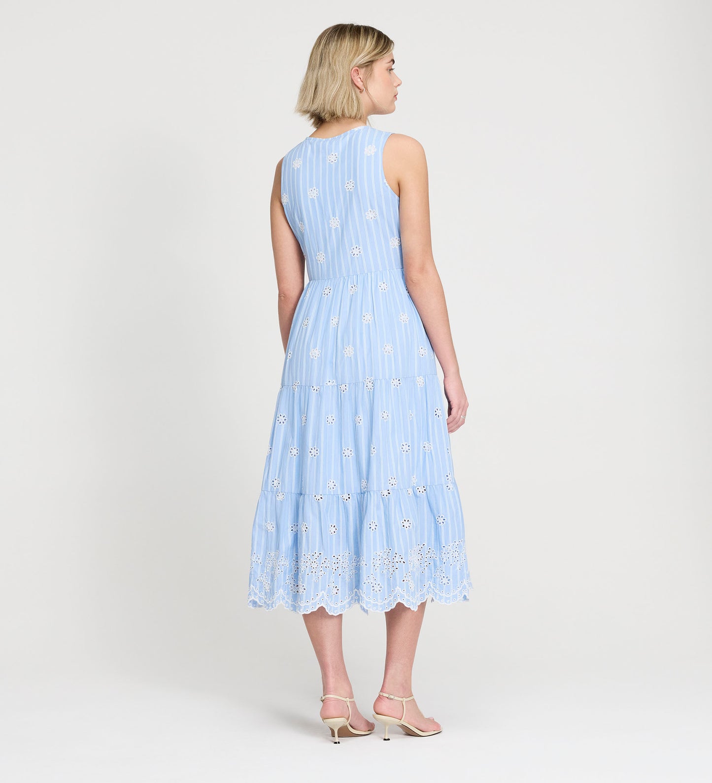 Rose Blue Stripe Cotton Broderie Sleeveless Midi Dress