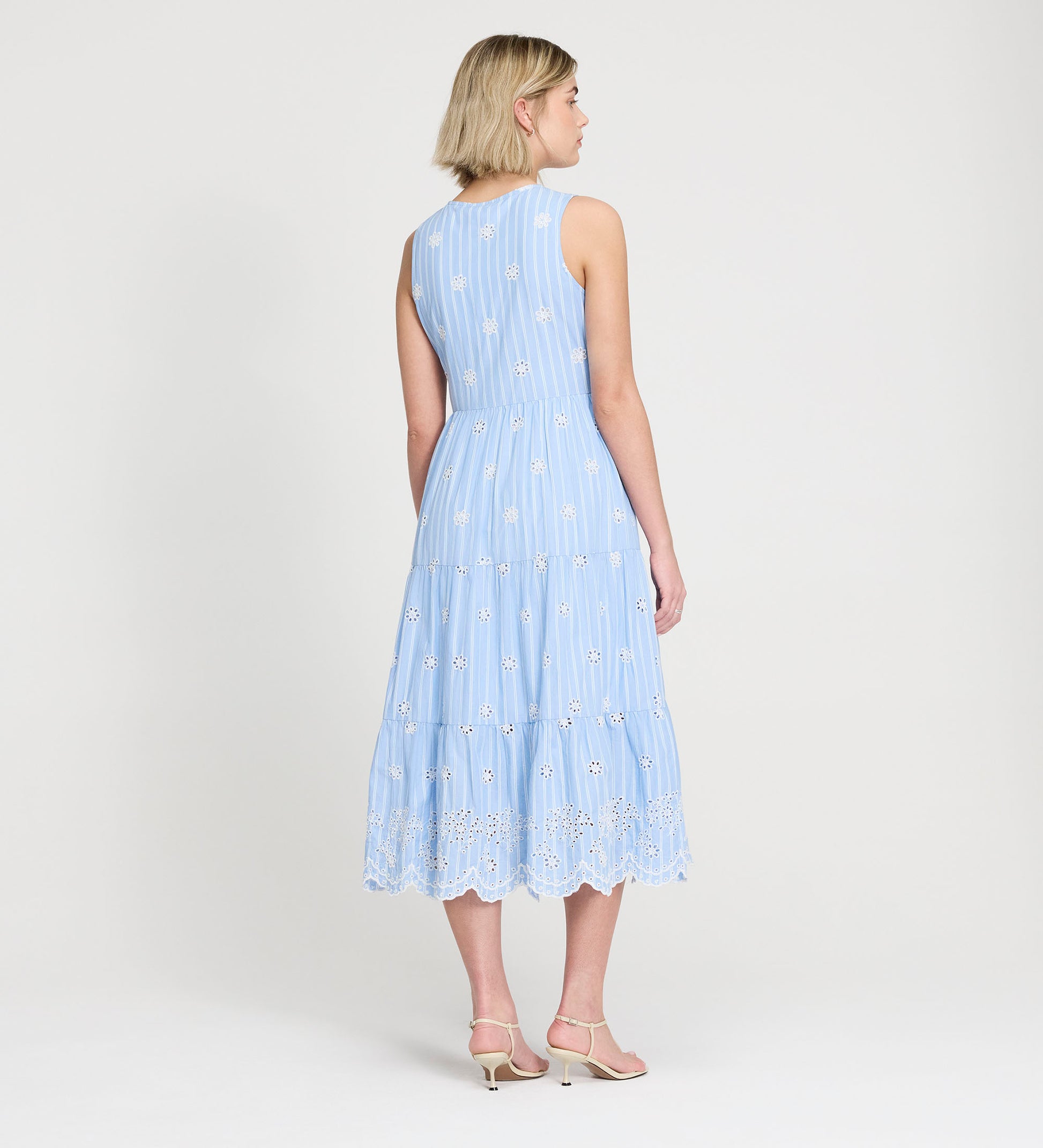 Rose Blue Stripe Cotton Broderie Sleeveless Midi Dress