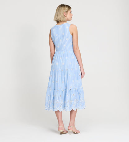 Rose Blue Stripe Cotton Broderie Sleeveless Midi Dress