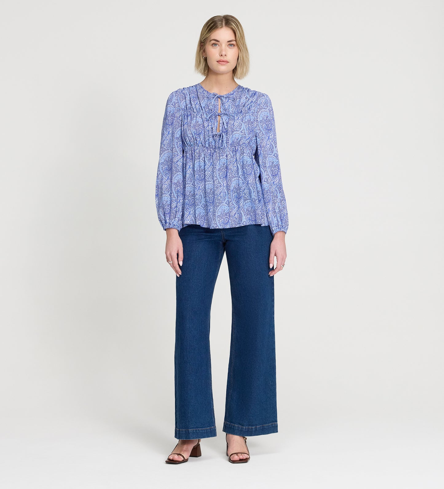Roisin Blue Paisley Long Sleeve Bow Detail Top