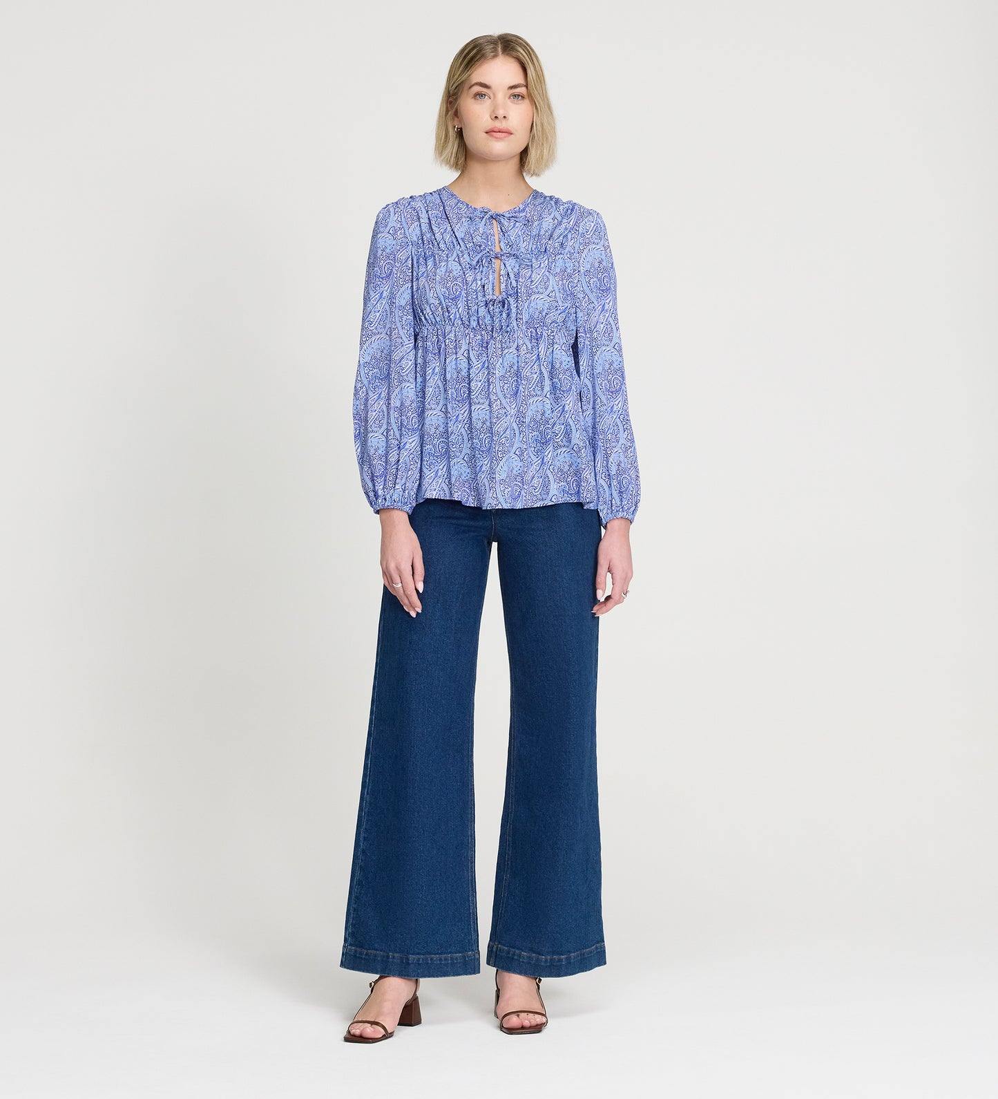 Roisin Blue Paisley Long Sleeve Bow Detail Top