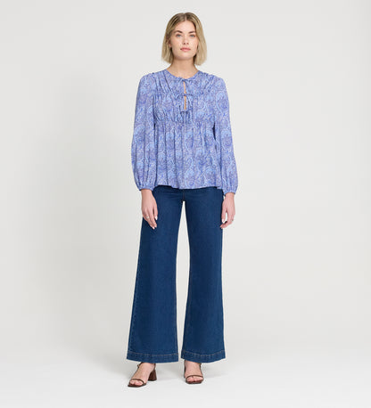 Roisin Blue Paisley Long Sleeve Bow Detail Top