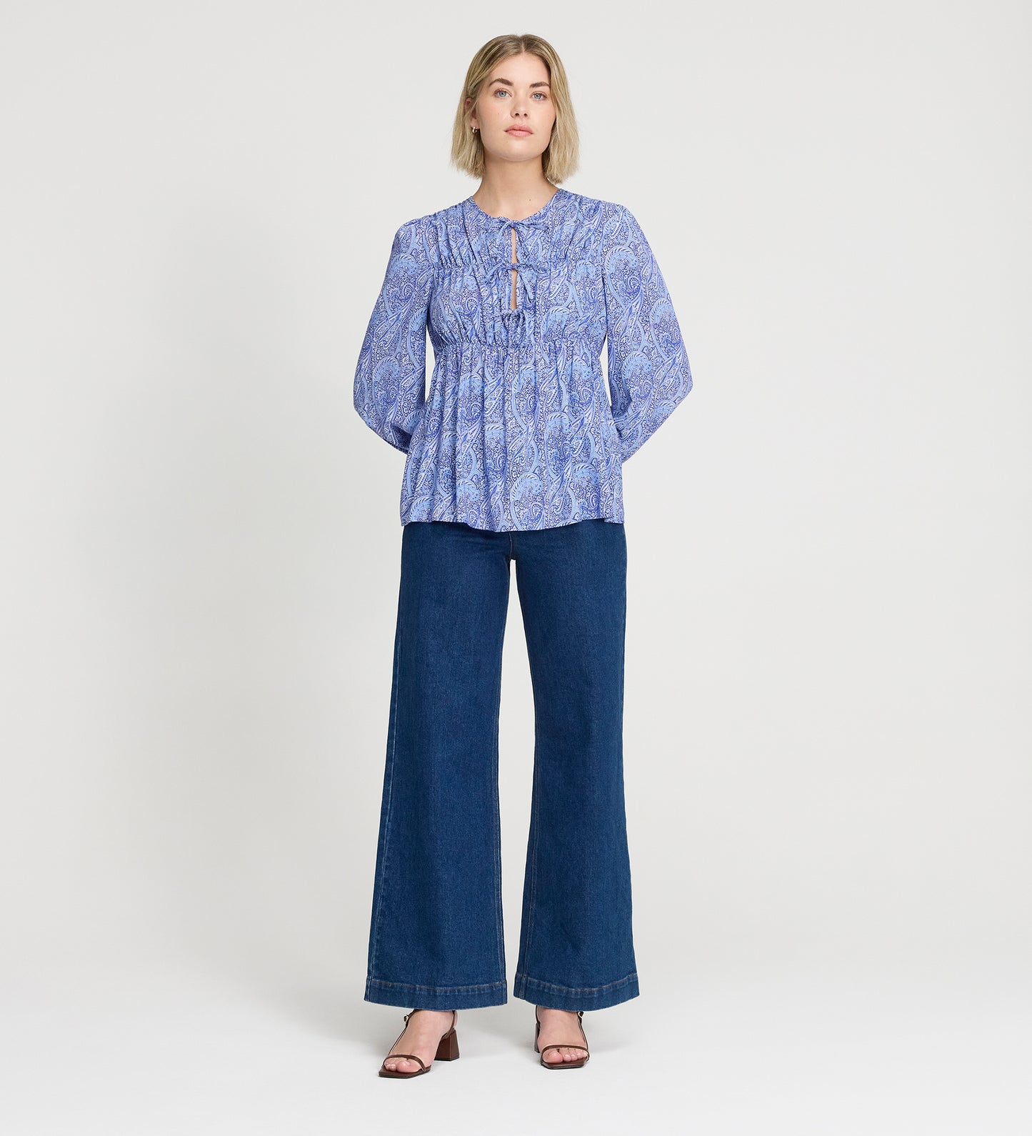 Roisin Blue Paisley Long Sleeve Bow Detail Top