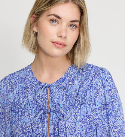 Roisin Blue Paisley Long Sleeve Bow Detail Top