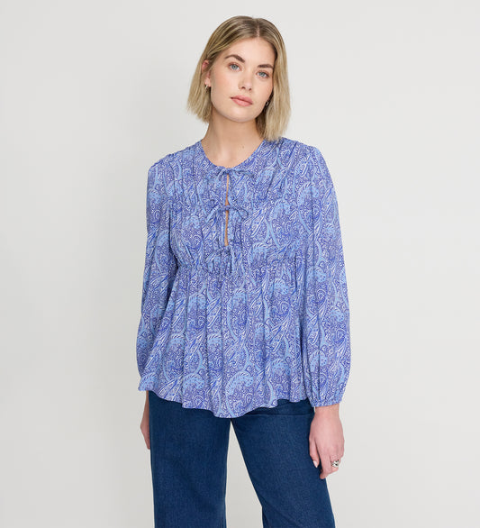 Roisin Blue Paisley Long Sleeve Bow Detail Top