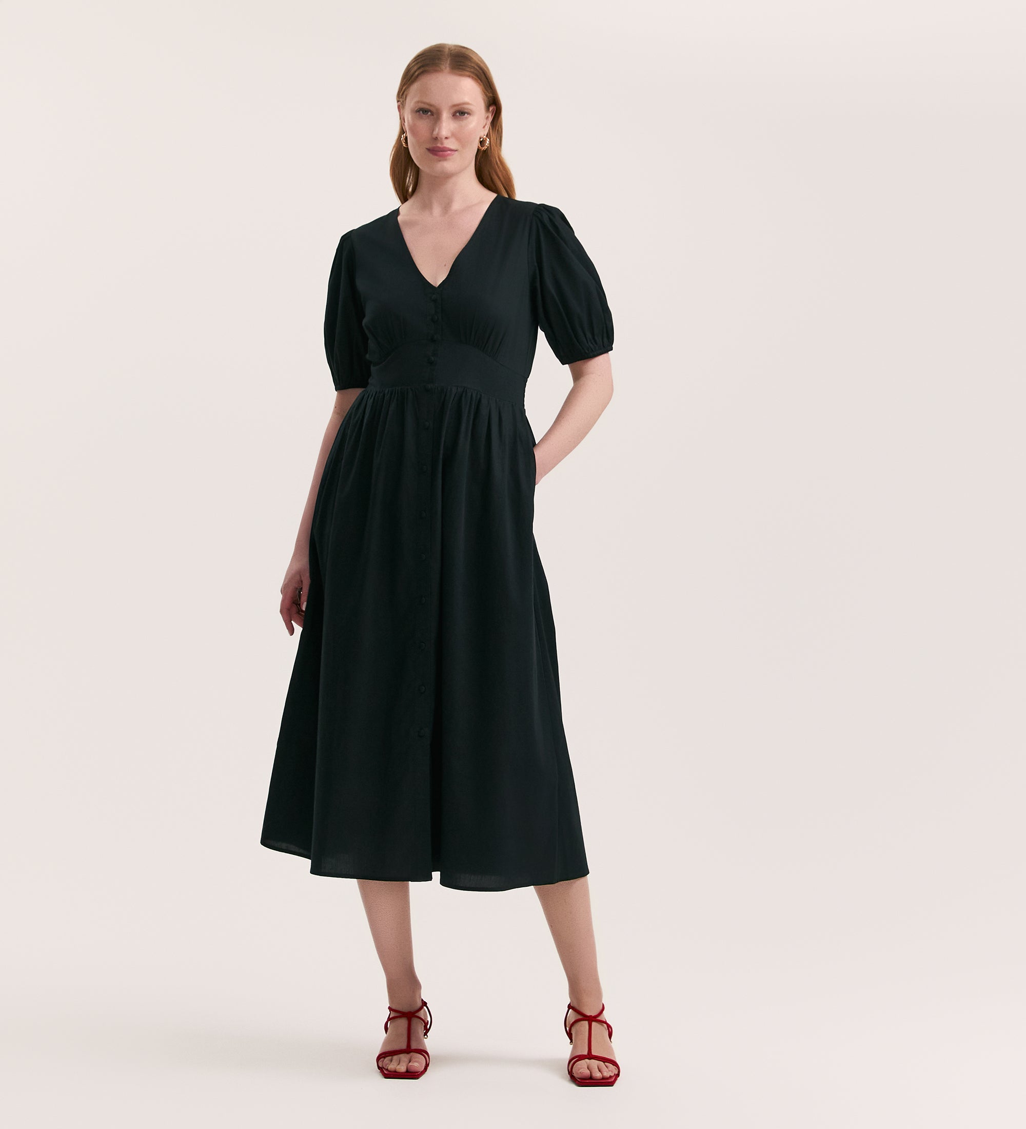Addison Black Cotton Midi Tea Dress – Finery London