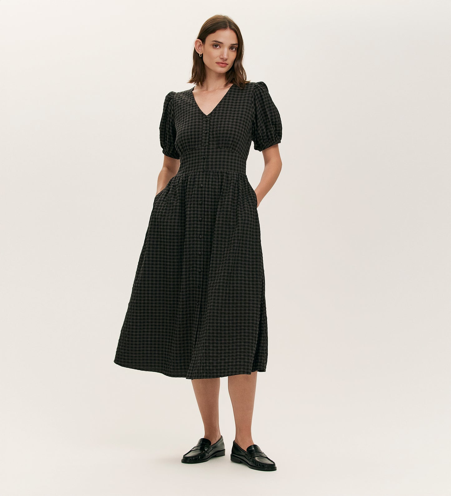 Addison Black Seersucker Midi Tea Dress
