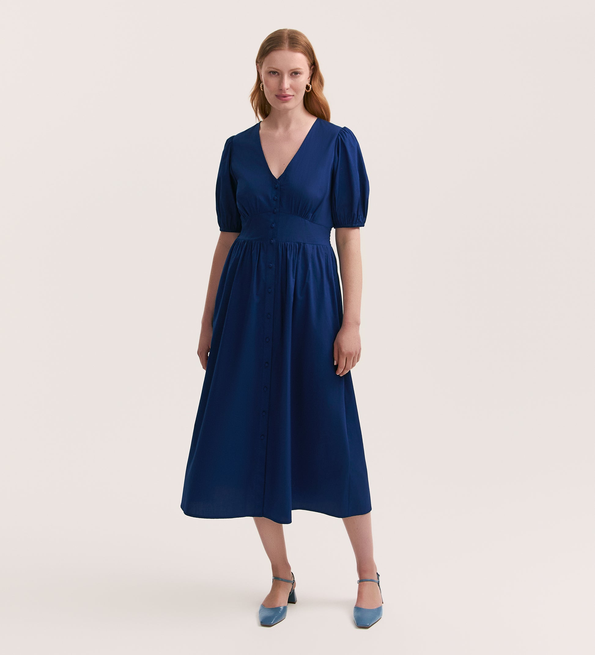 Addison Indigo Cotton Midi Tea Dress – Finery London