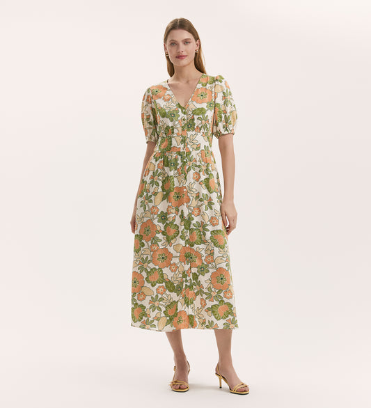 Addison Olive Flower Midi Dress with Linen