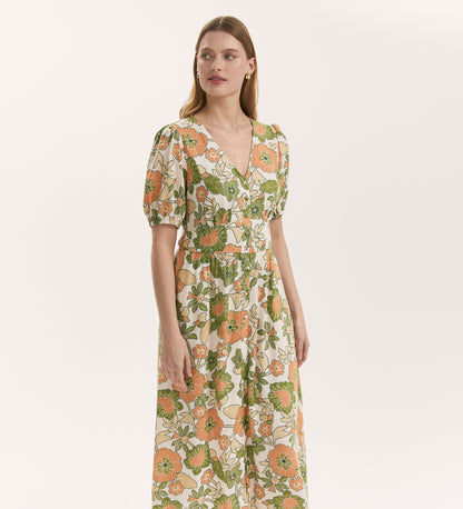 Addison Olive Flower Linen Blend Midi Dress