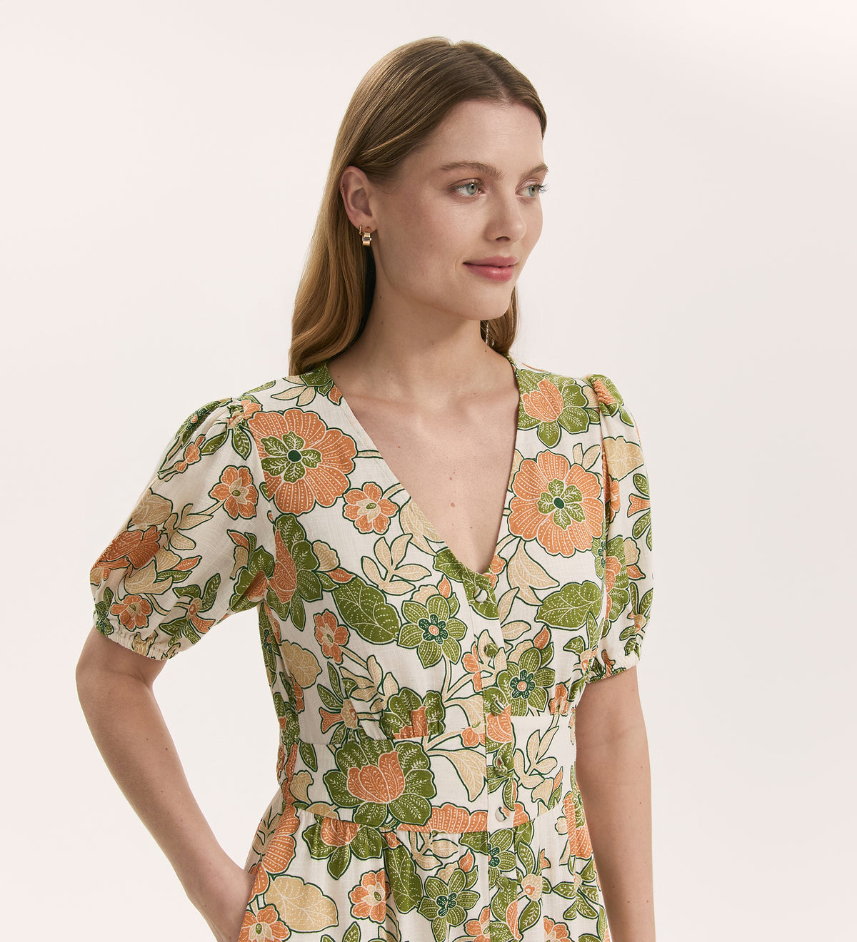 Addison Olive Flower Linen Blend Midi Dress