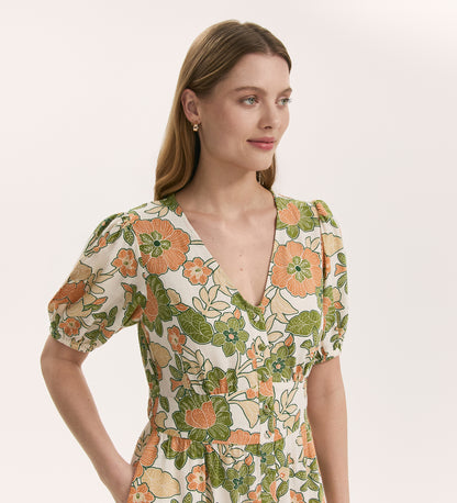 Addison Olive Flower Linen Blend Midi Dress