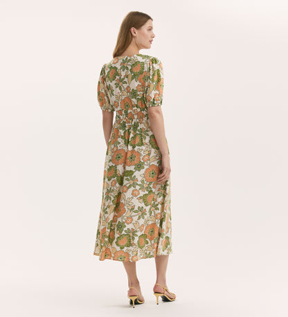 Addison Olive Flower Linen Blend Midi Dress