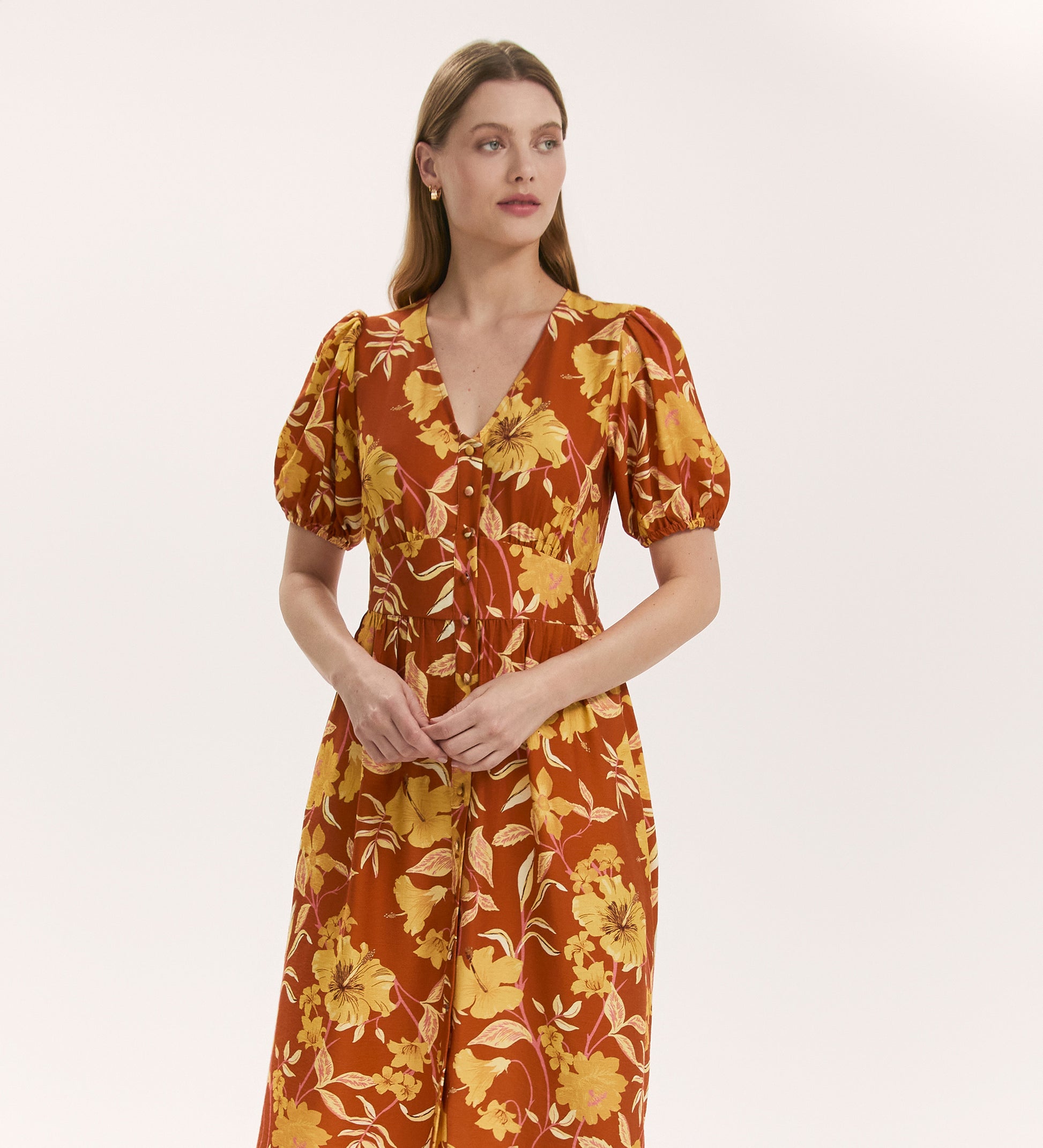 yellow and brown floral dress Baltic Born Womens Agnes Satin Maxi Dress | Brown Floral
