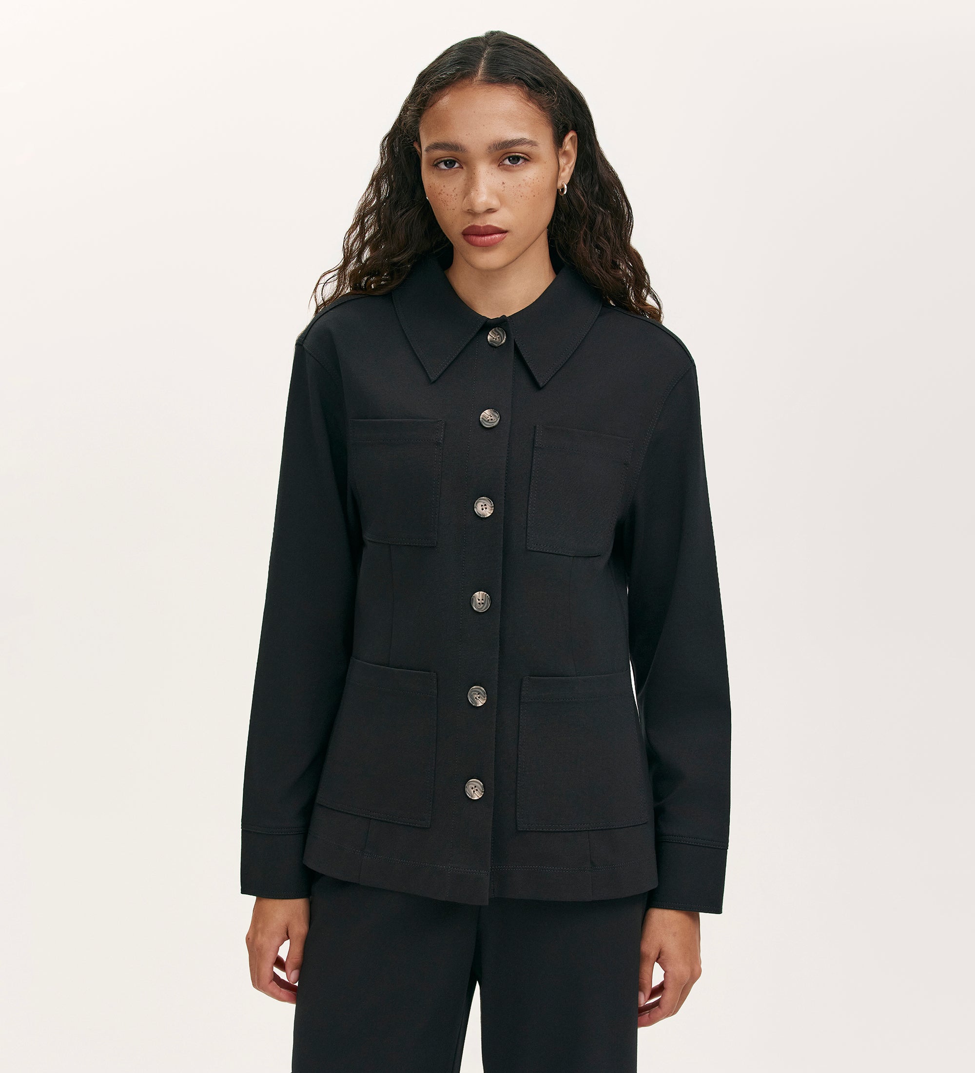Agness Black Ponte Jersey Button Down Jacket – Finery London