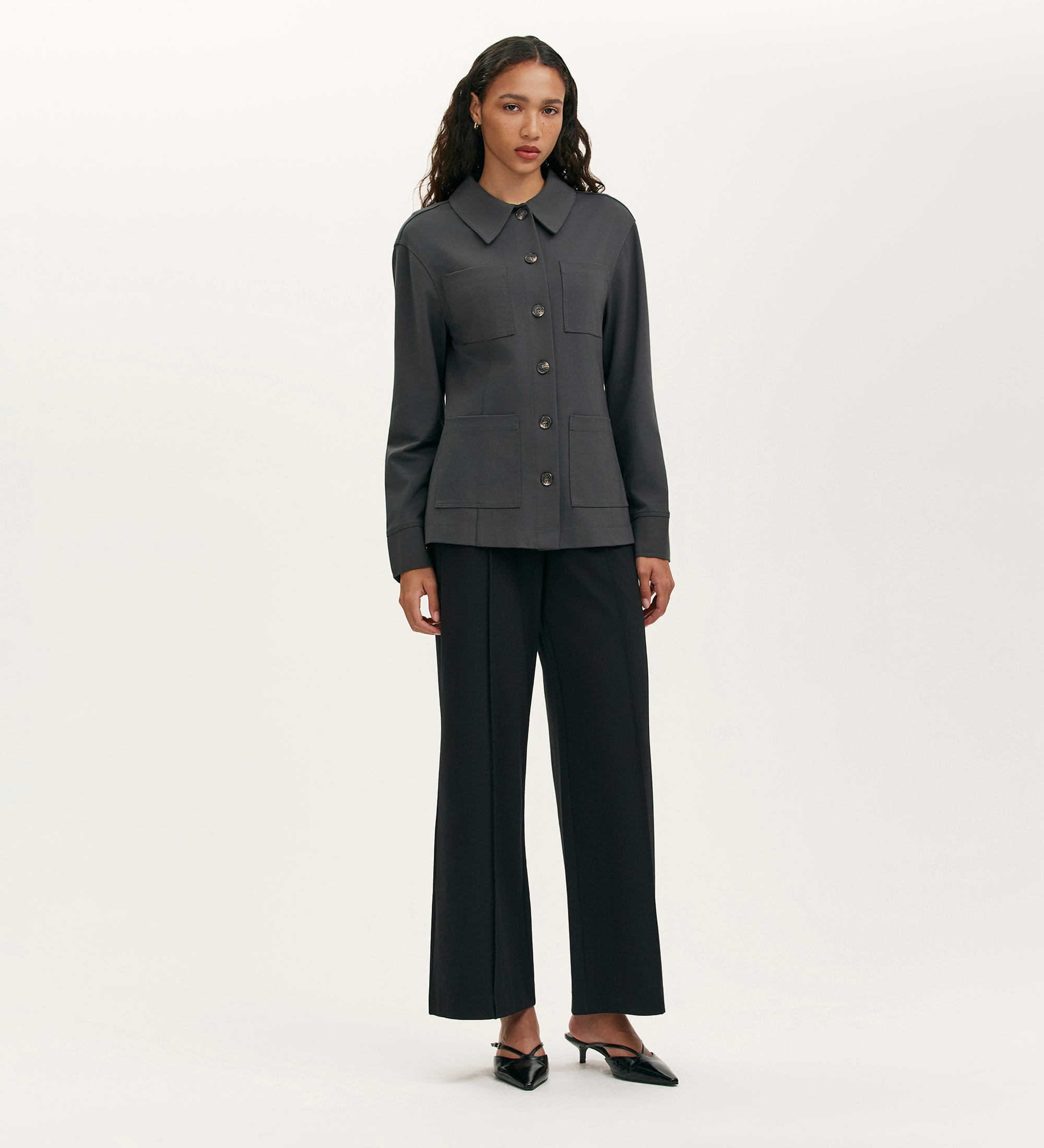 Agness Charcoal Ponte Jersey Button Down Jacket – Finery London