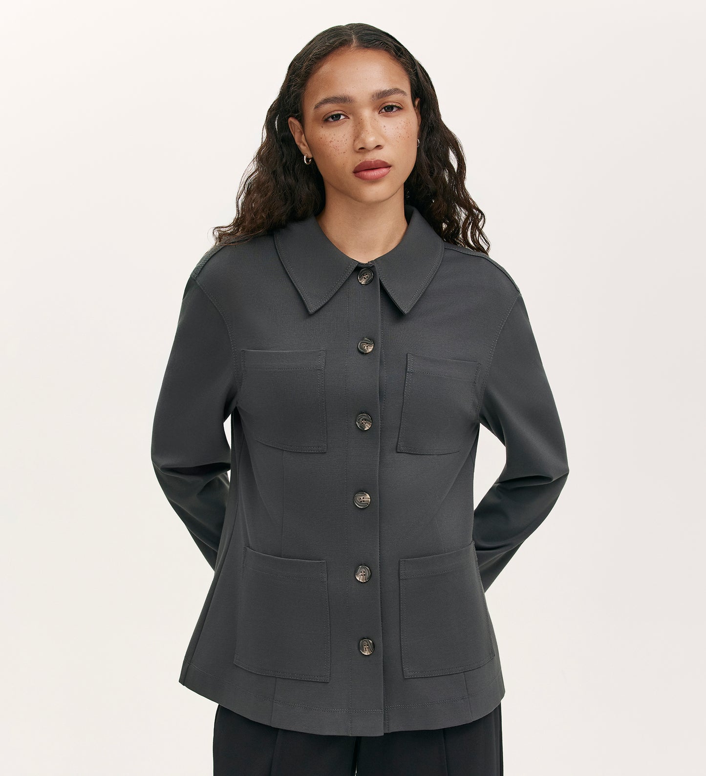 Agness Charcoal Ponte Jersey Button Down Jacket