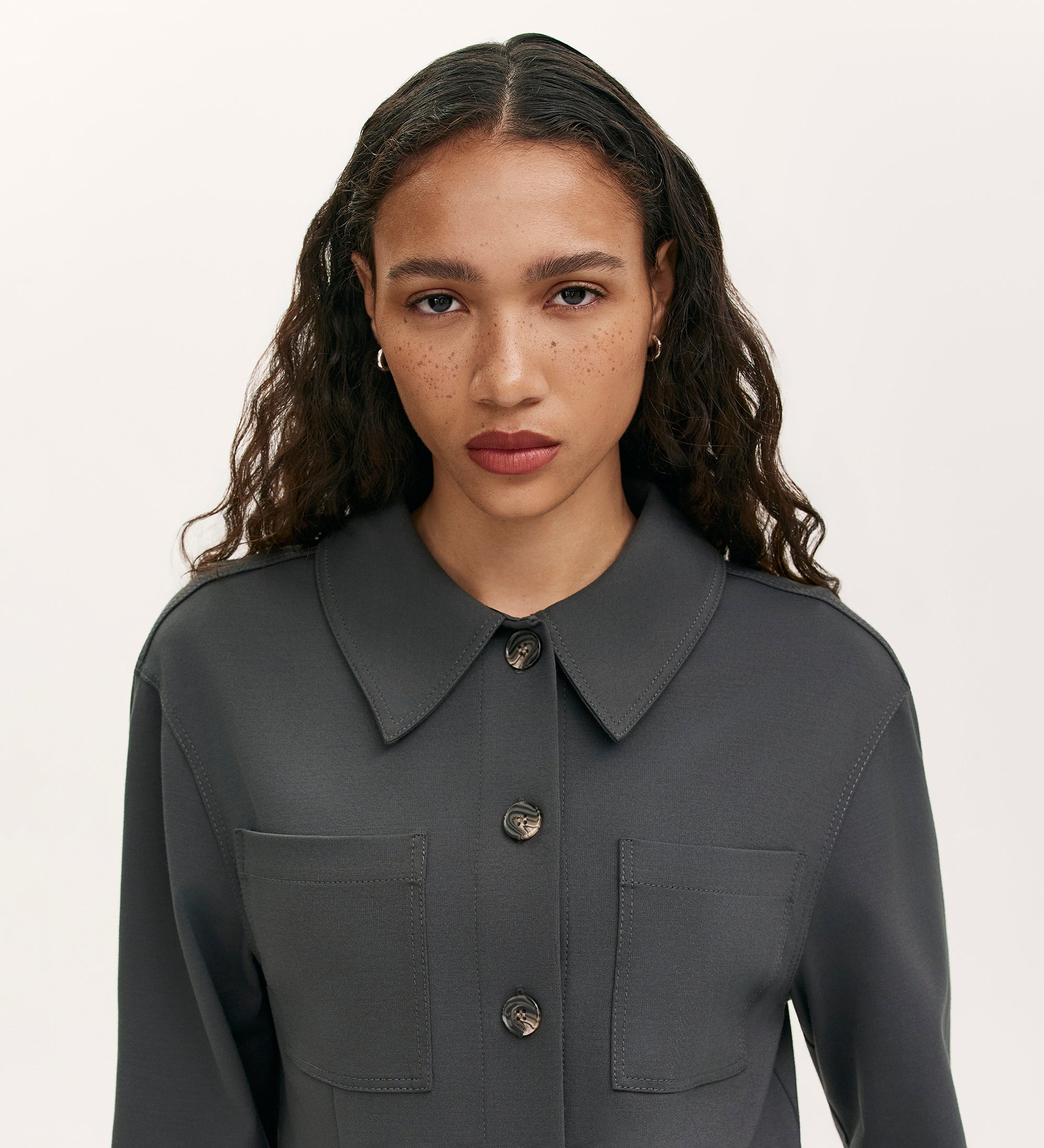 Agness Charcoal Ponte Jersey Button Down Jacket – Finery London