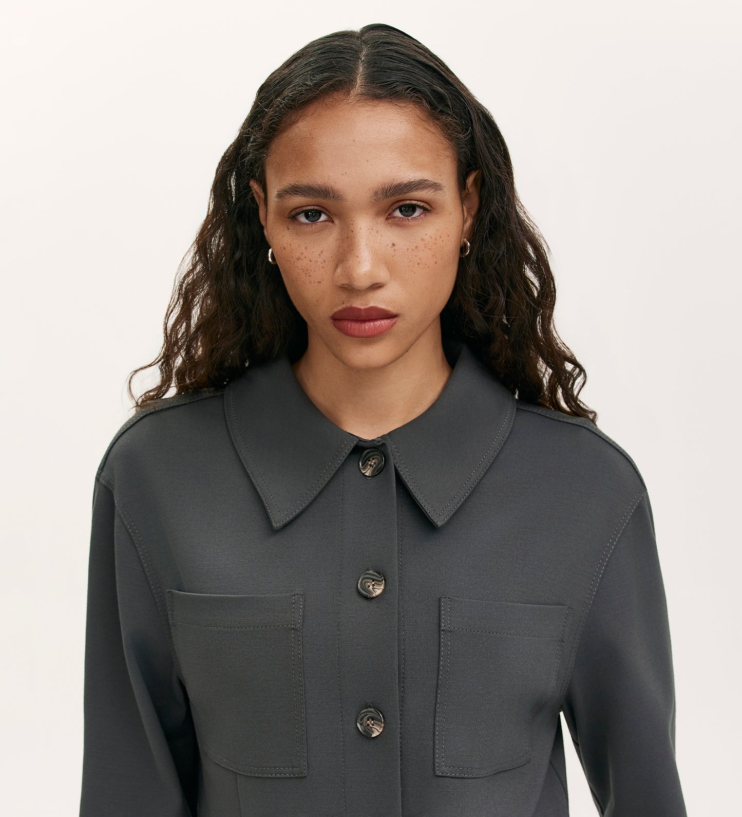 Agness Charcoal Ponte Jersey Button Down Jacket
