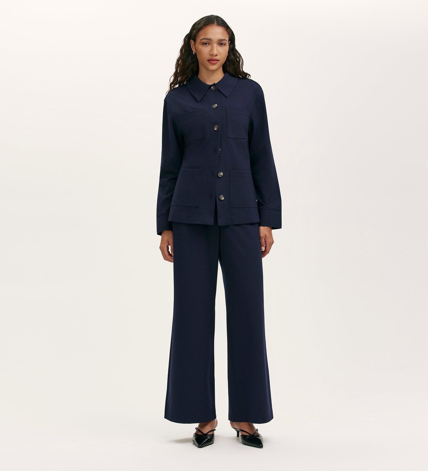 Agness Navy Ponte Jersey Button Down Jacket