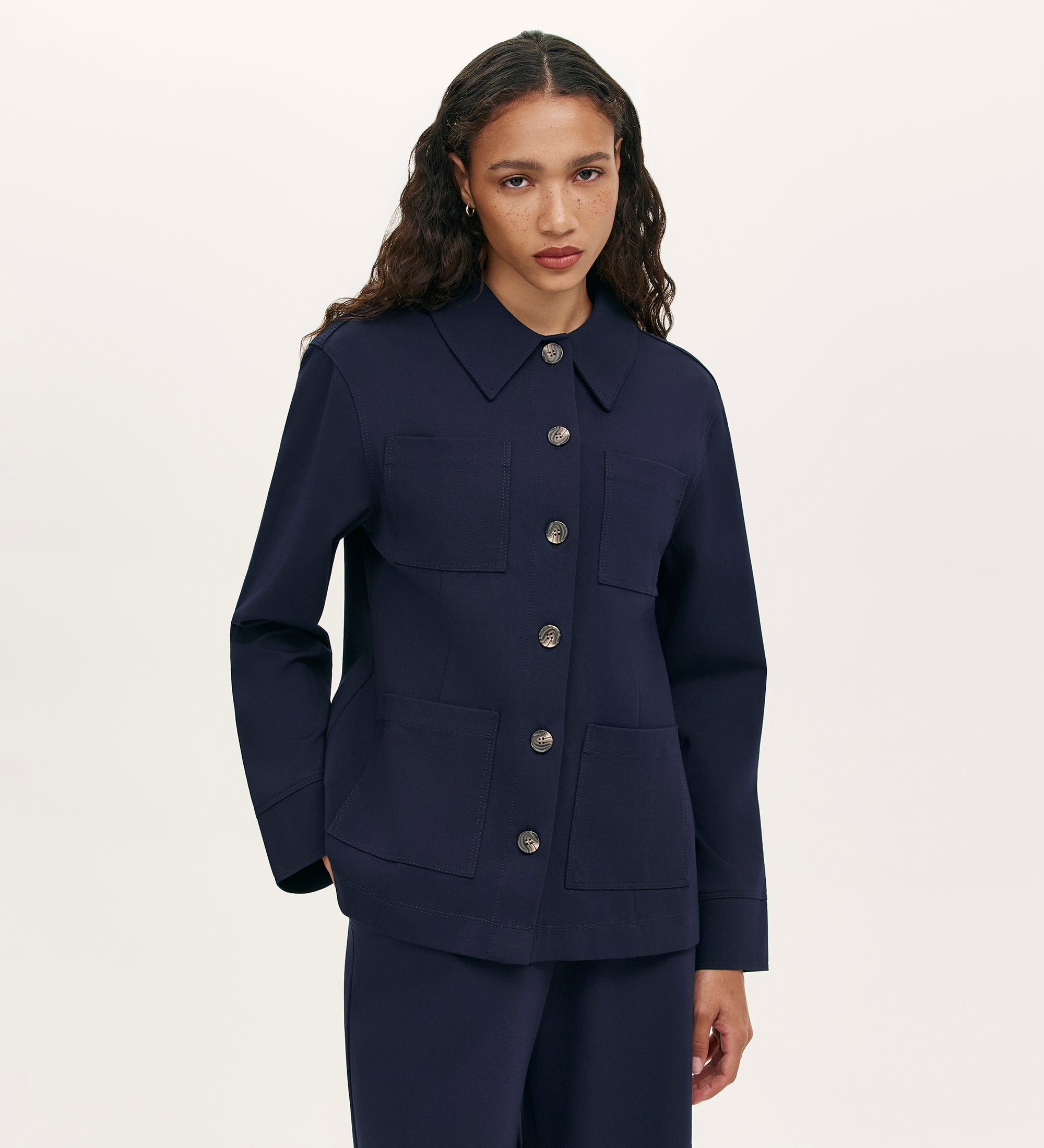Agness Navy Ponte Jersey Button Down Jacket – Finery London
