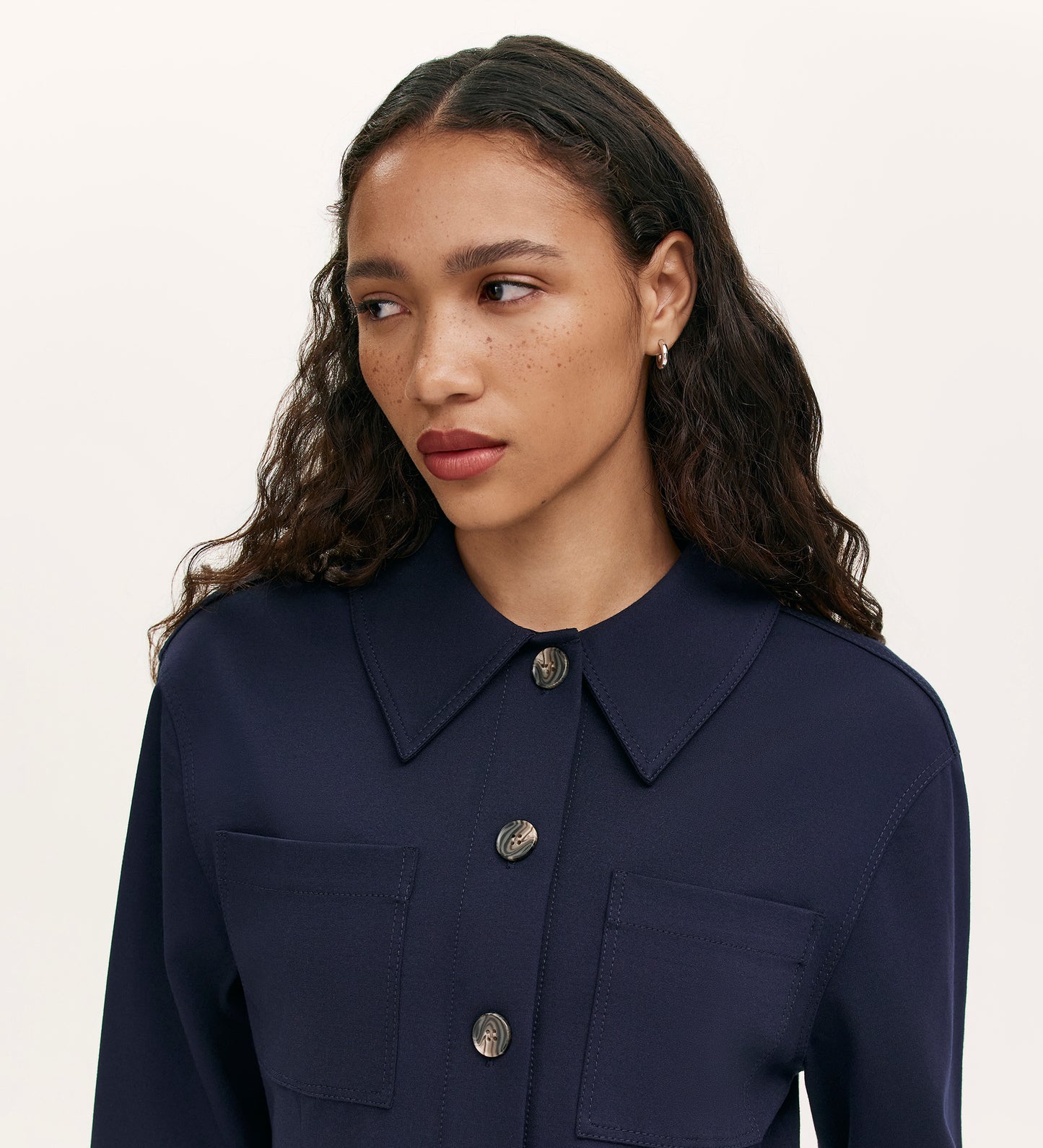 Agness Navy Ponte Jersey Button Down Jacket