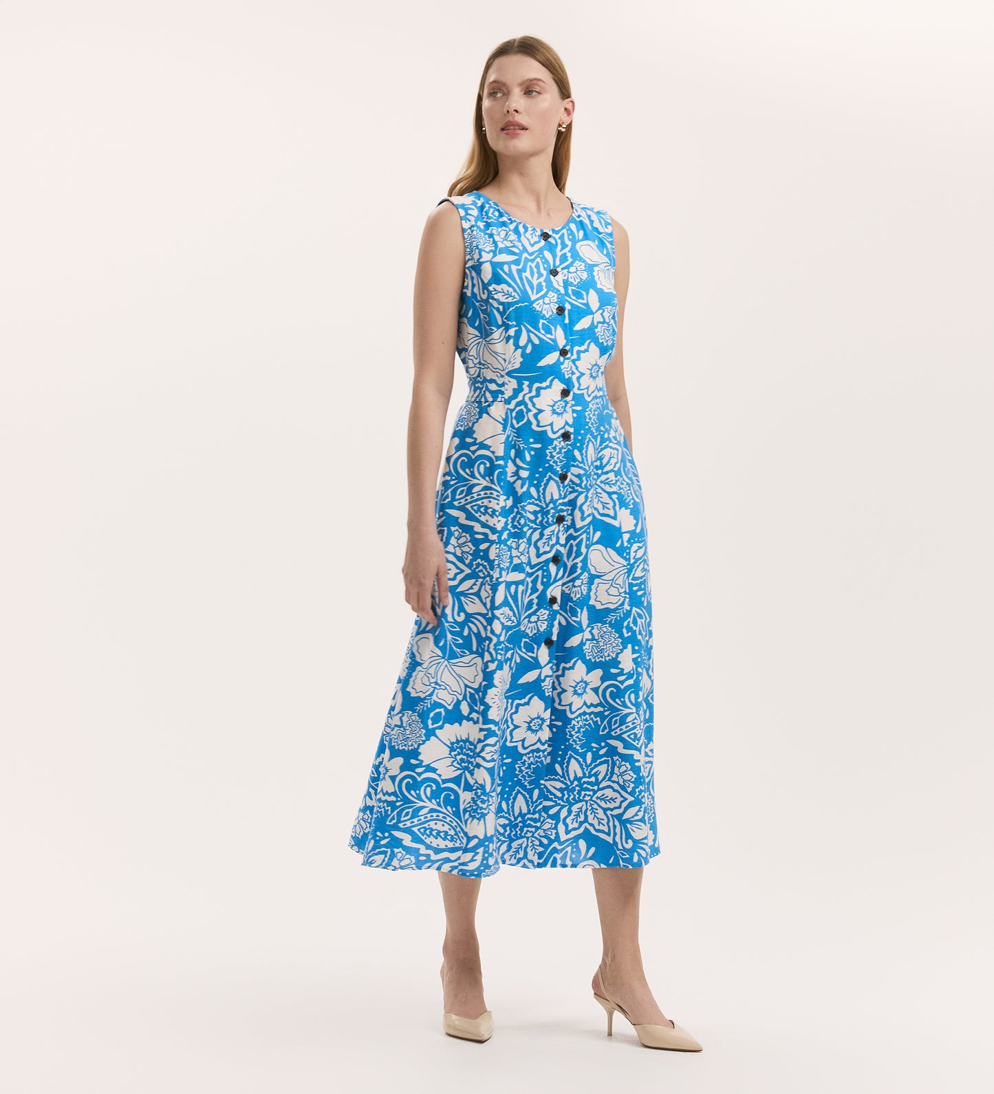 Aimee Blue Flower Button Through Sleeveless Midi Dress