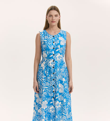 Aimee Blue Flower Button Through Sleeveless Midi Dress