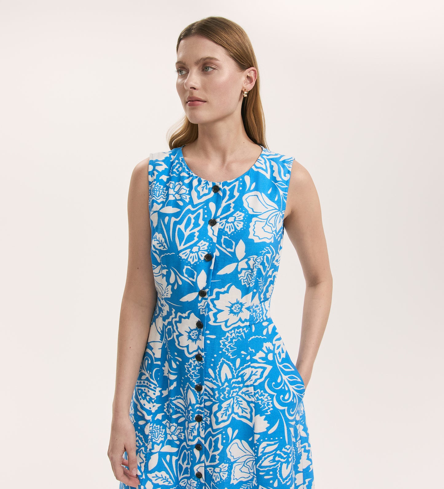 Aimee Blue Flower Button Through Sleeveless Midi Dress