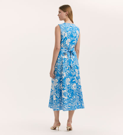 Aimee Blue Flower Button Through Sleeveless Midi Dress