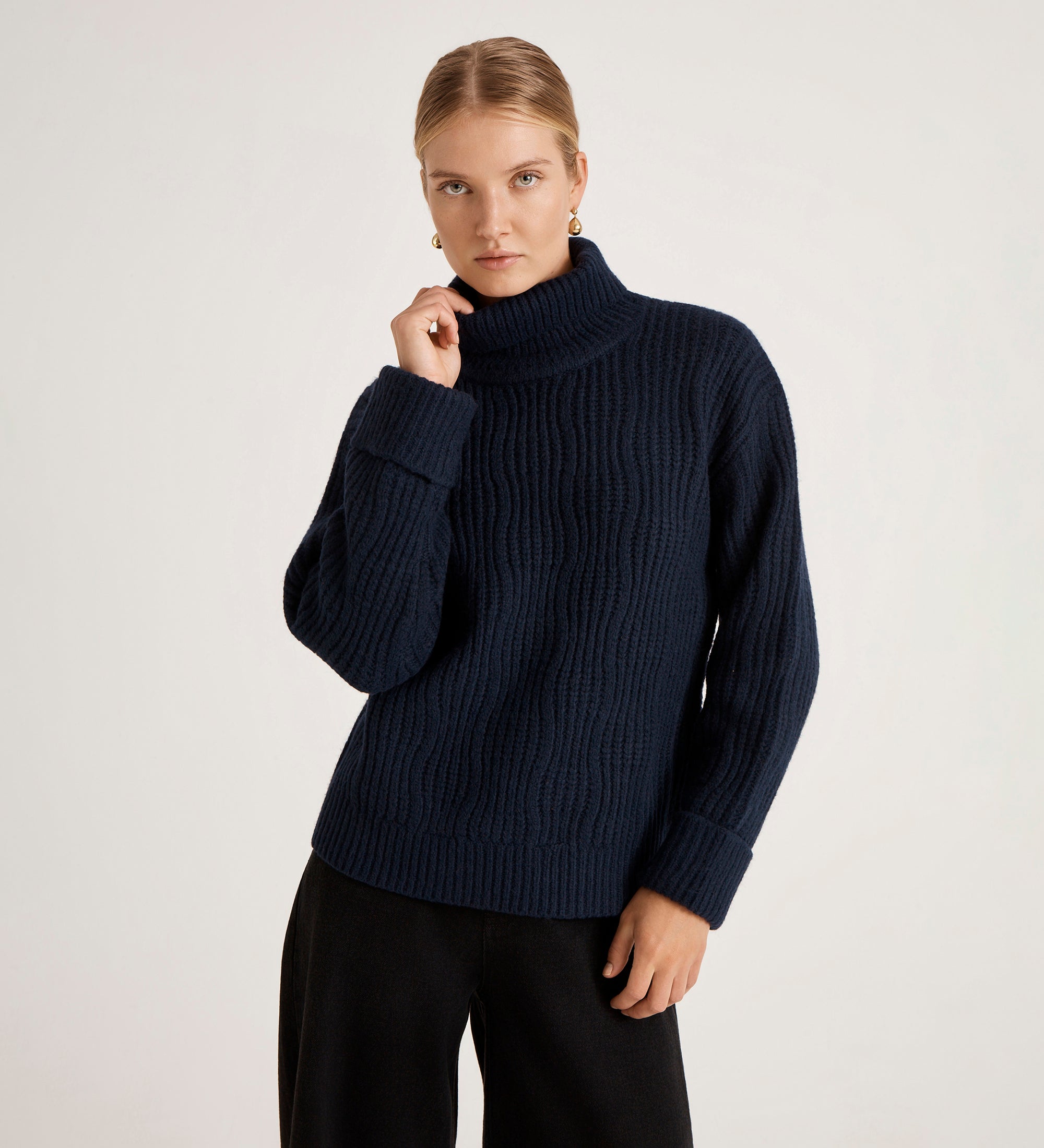 Women's Ribbed Jumper | Navy Roll Neck Sweater | Finery London