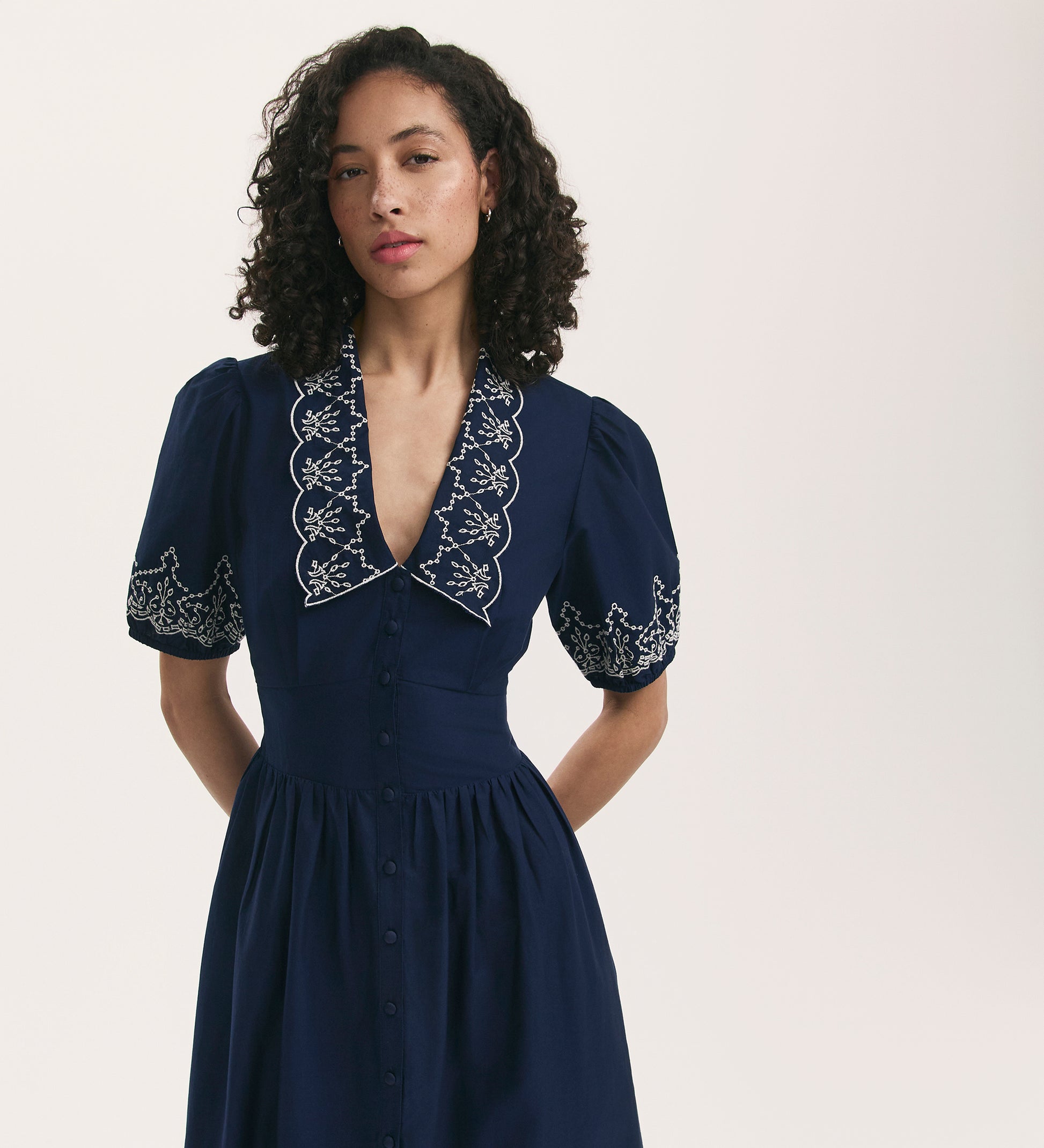 Arianna Navy Embroidered Cotton Midi Dress Finery London Arianna Navy Embroidered Cotton Midi Dress Finery London