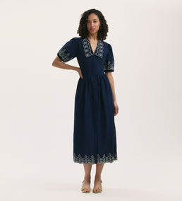 Arianna Navy Embroidered Cotton Midi Dress – Finery London