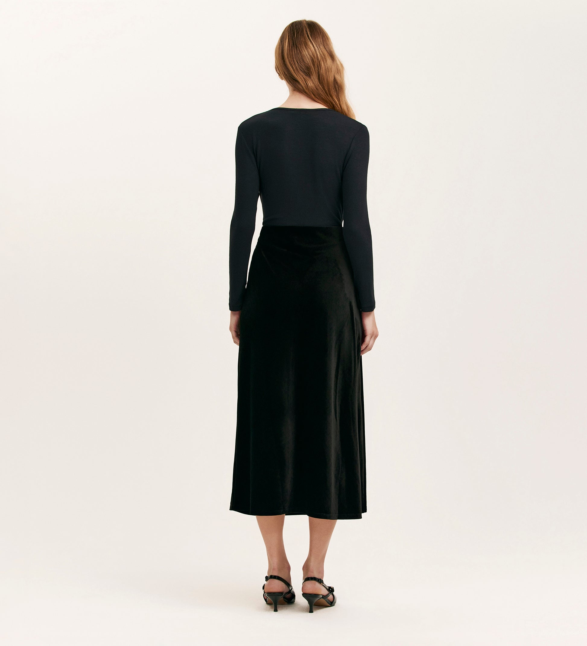 Long crêpe and embroidered velvet skirt Woman, Black | Milano Long crêpe and embroidered velvet skirt Woman, Black | Milano