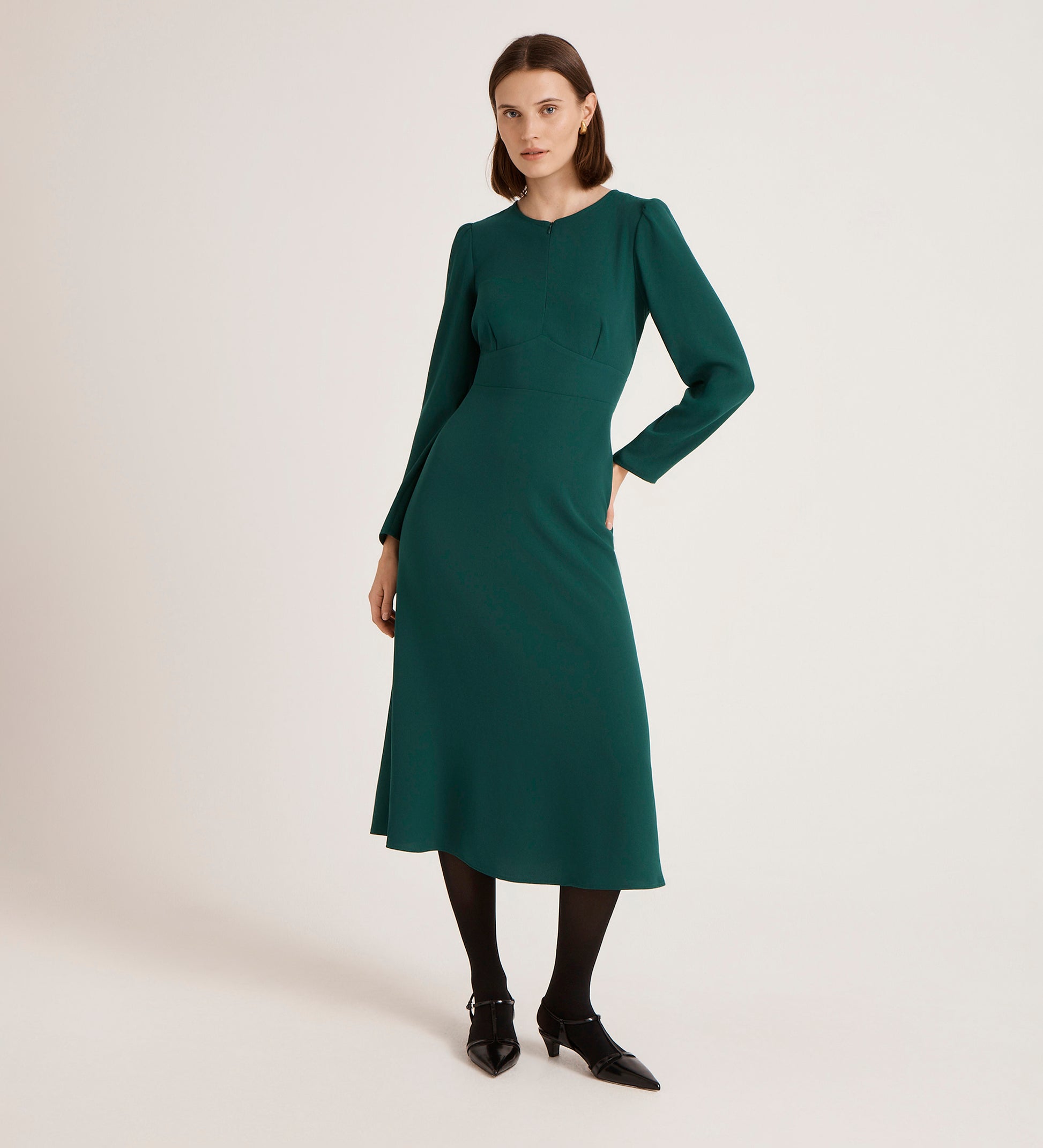 green dress black tights Caley Bottle Green Crepe Midi Dress – Finery London