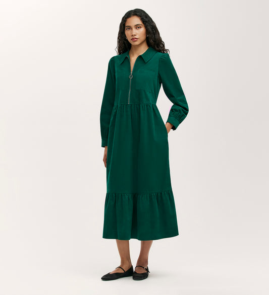 Callie Bottle Green Corduroy Midi Dress