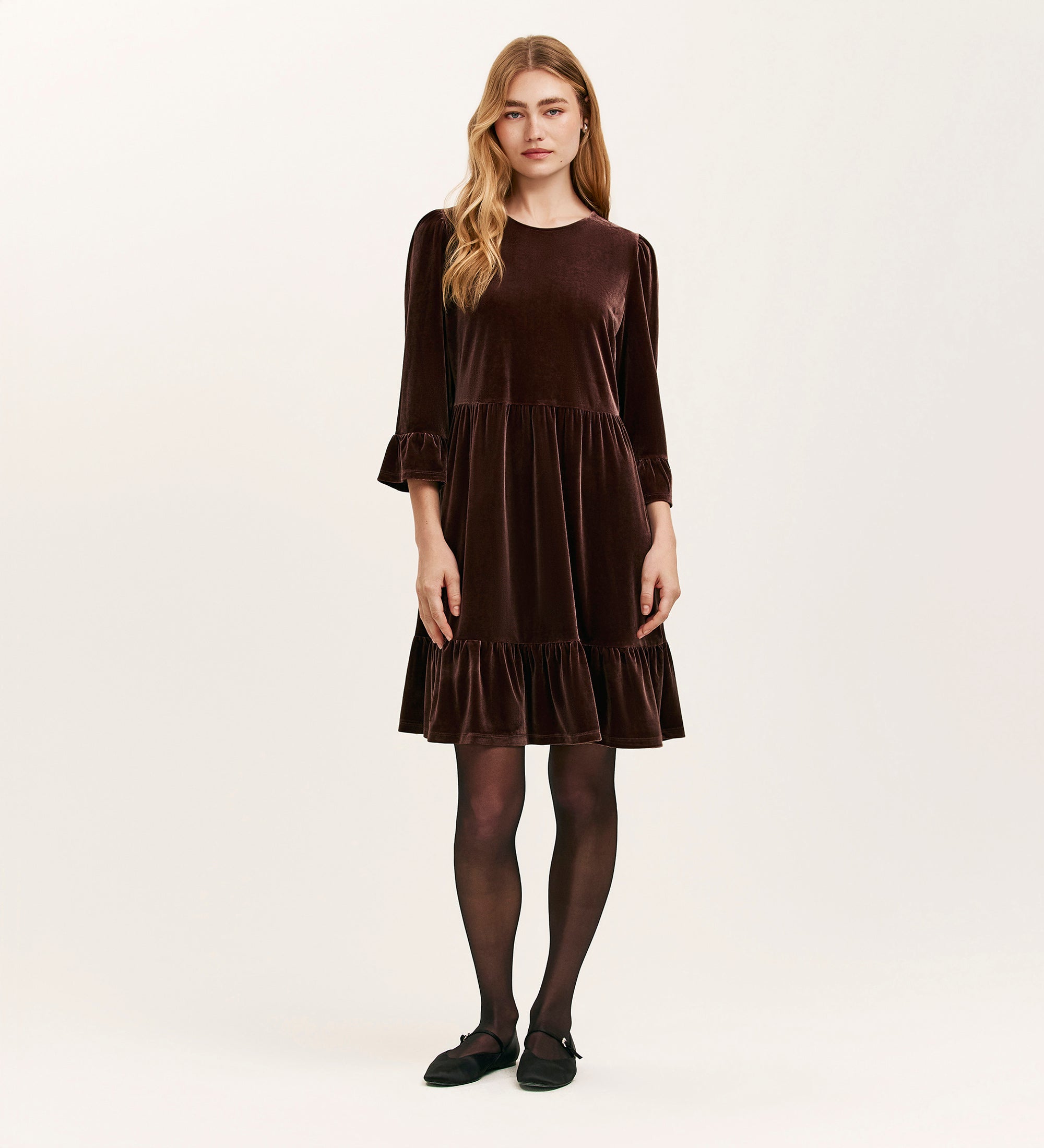 Camie Mocha Velvet Short Tiered Dress – Finery London