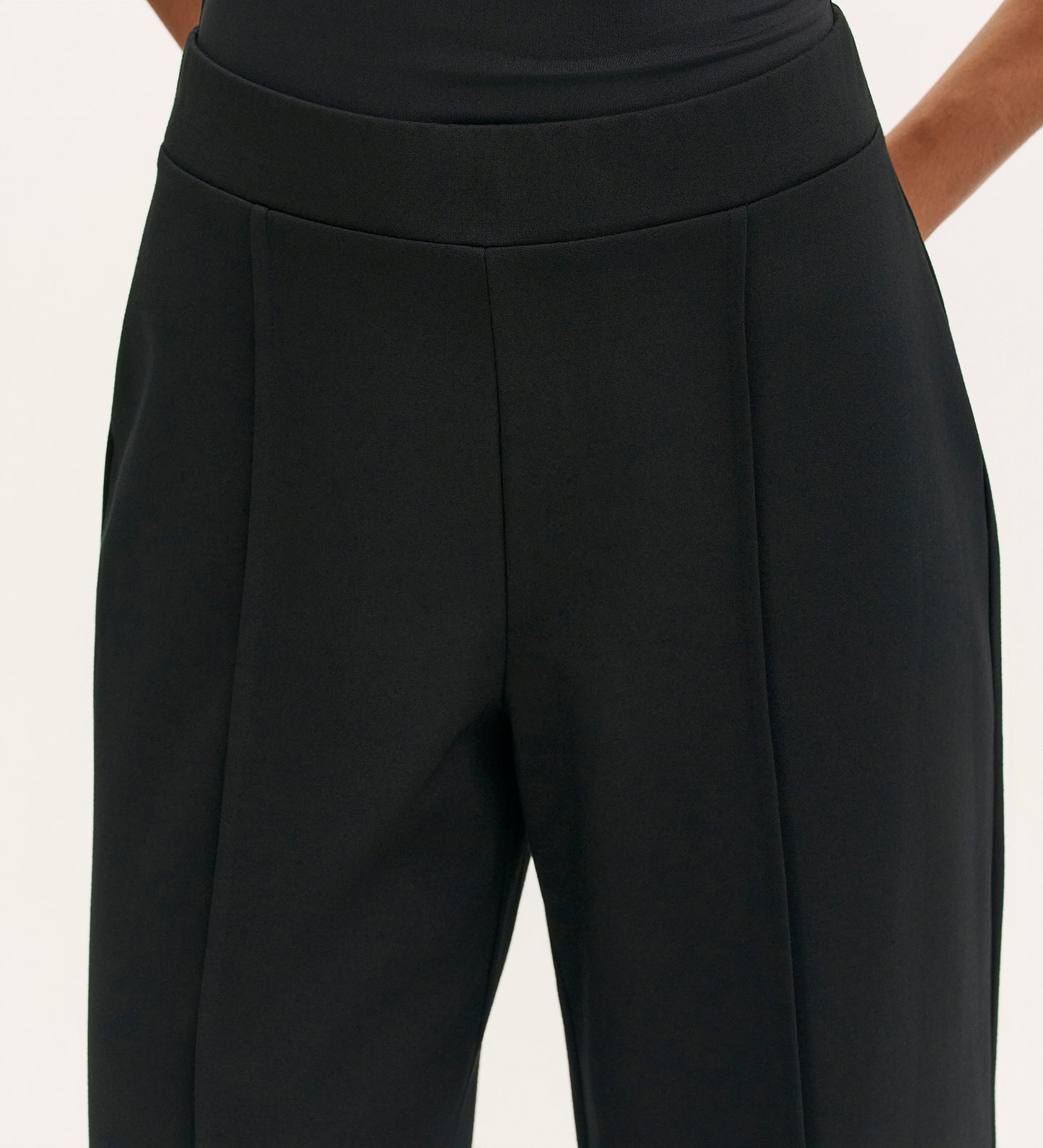 A close-up of a person wearing the Caryl Black Ponte Jersey Wide Leg Trouser and a black top, with arms slightly behind their back. The image highlights the waist and upper legs of the tailored, high-waisted pants.