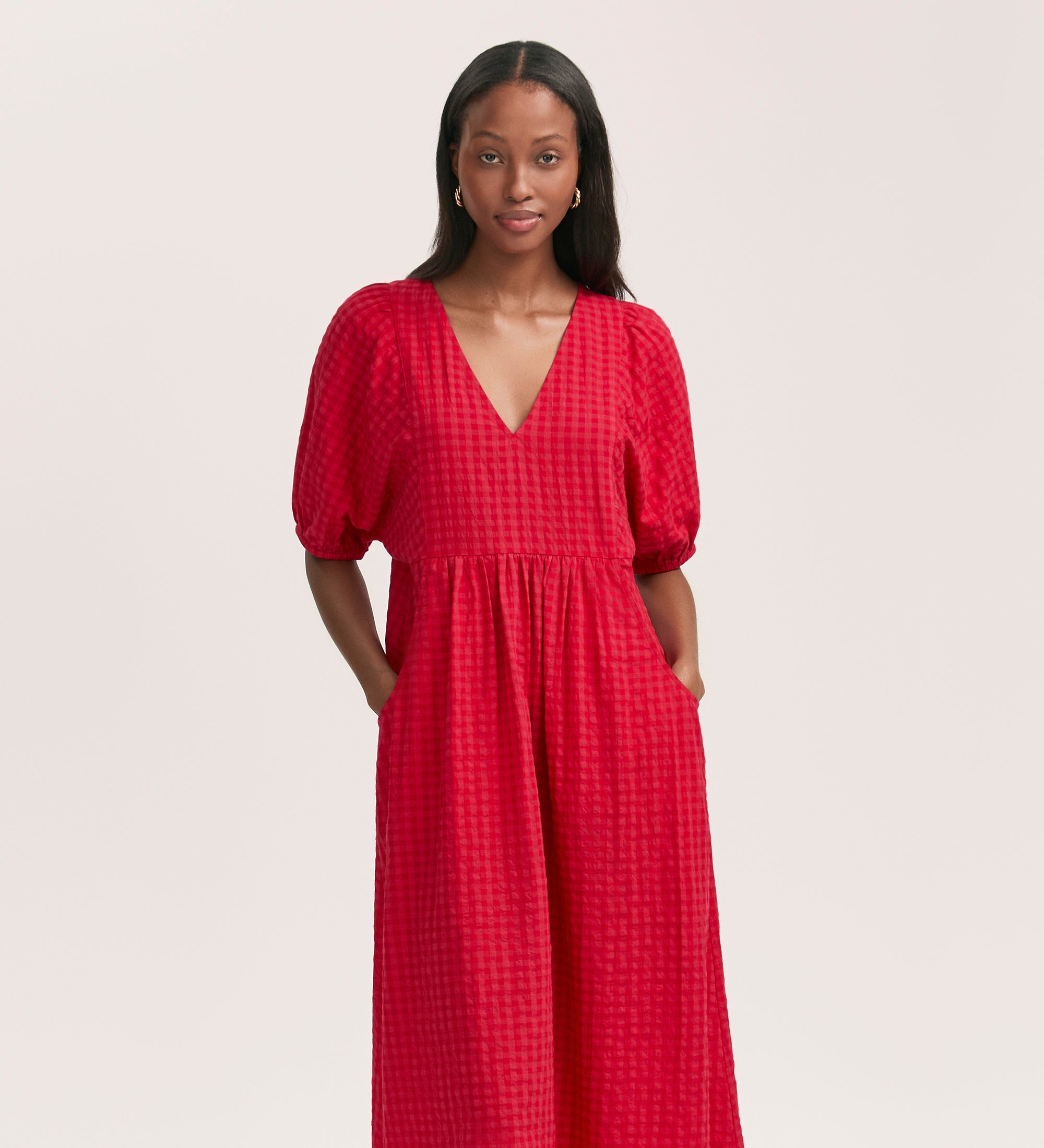 Chloe Red Gingham Seersucker Midi Dress – Finery London