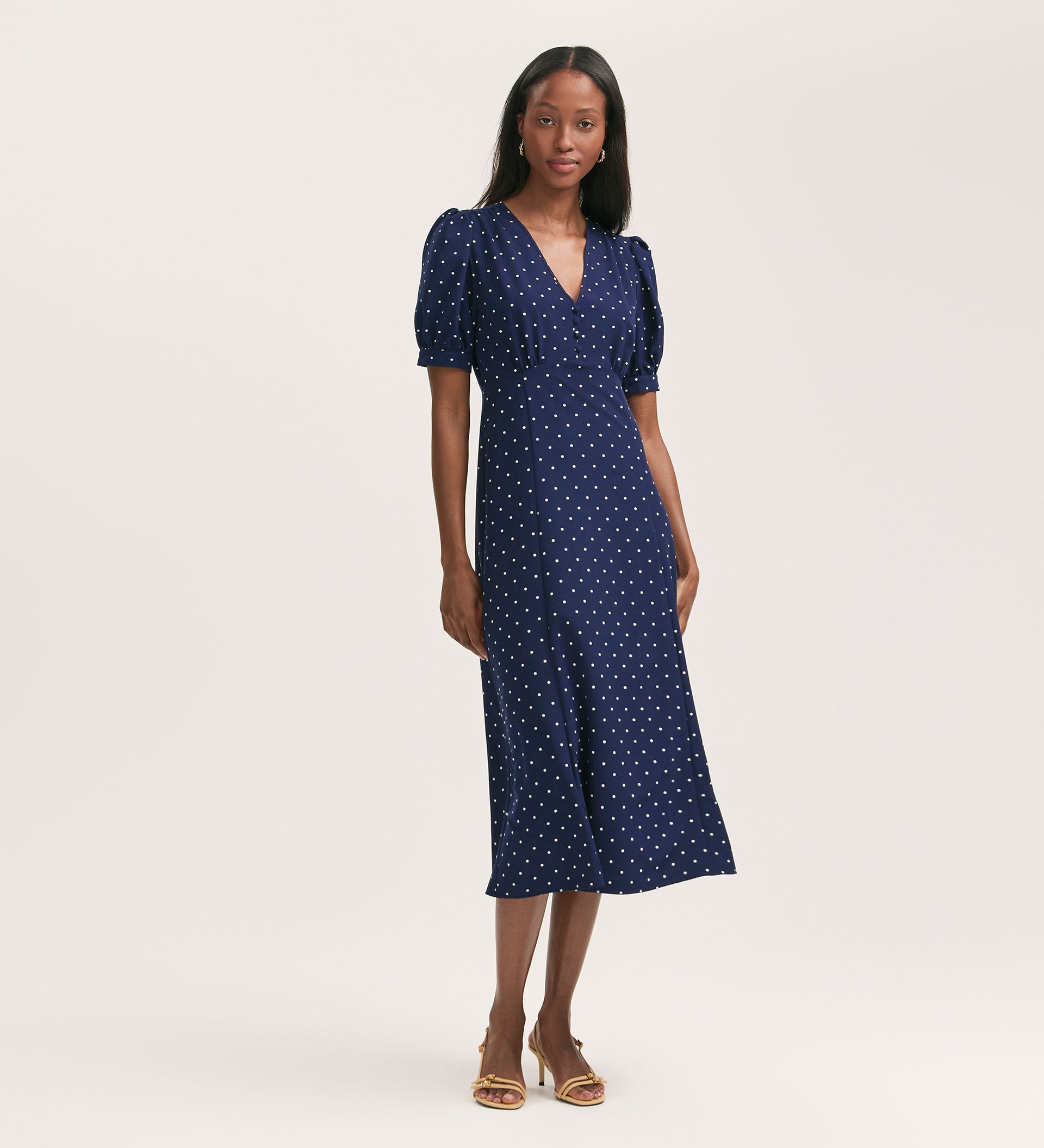 Colette Navy Polka Dot Crepe Midi Tea Dress – Finery London