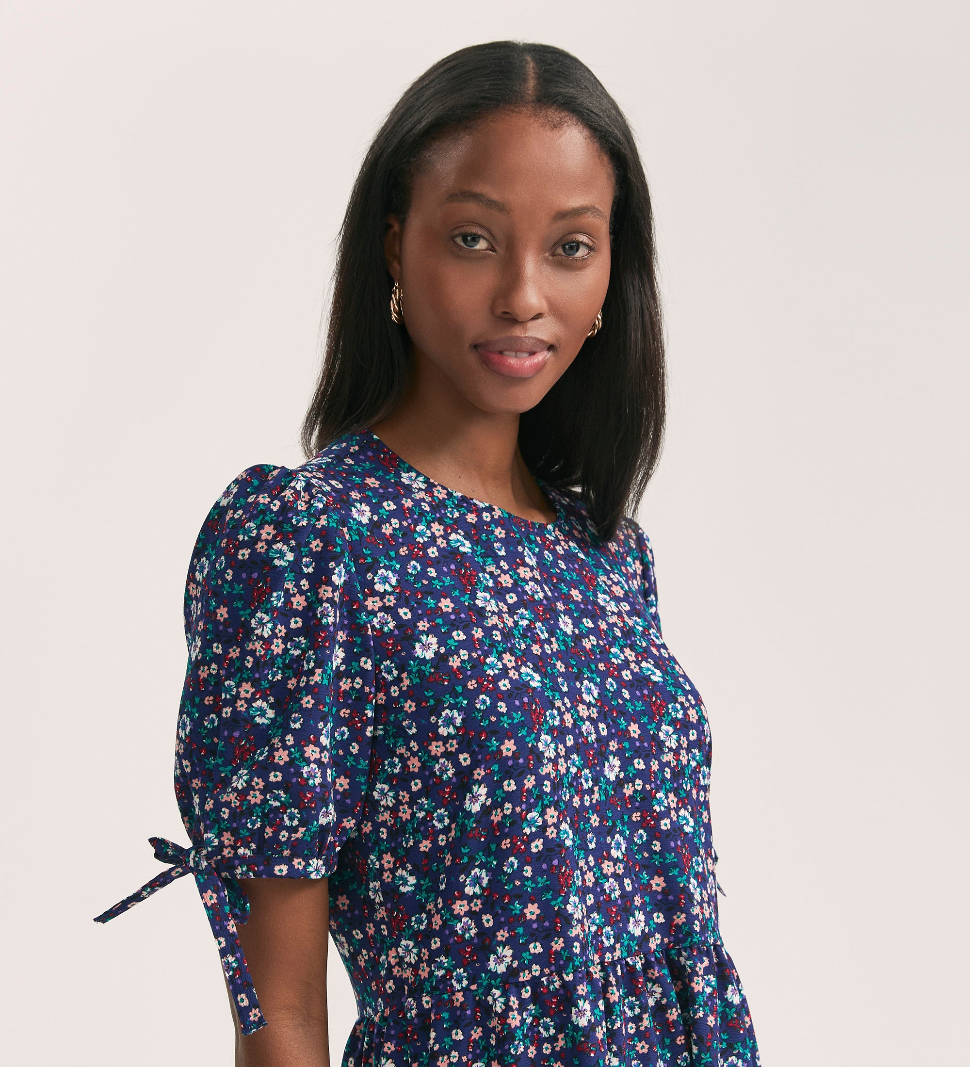 Demi Navy Ditsy Floral Crepe Tiered Midi Dress – Finery London