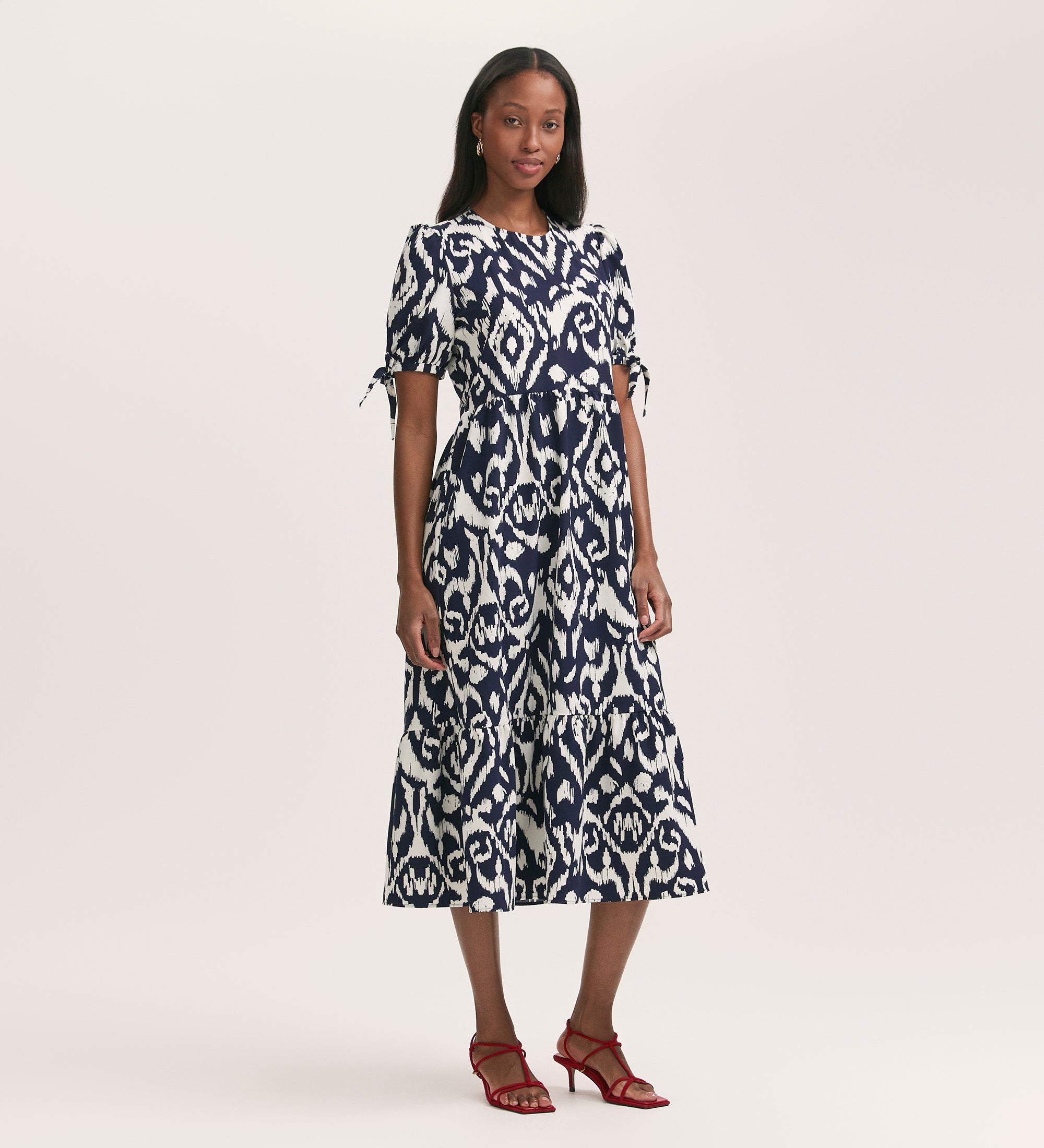 Demi Navy Ikat Crepe Tiered Midi Dress – Finery London