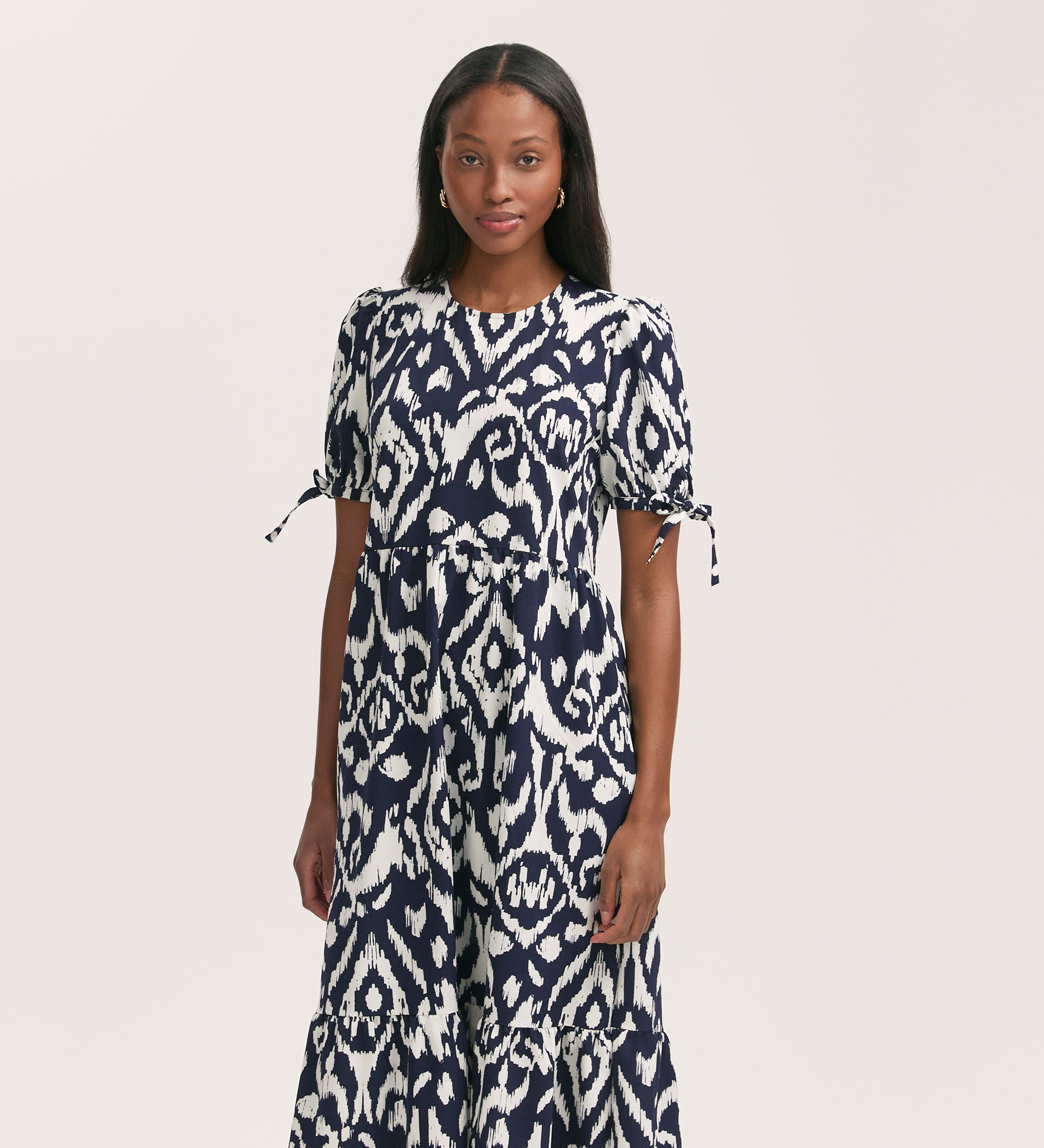 Demi Navy Ikat Crepe Tiered Midi Dress – Finery London