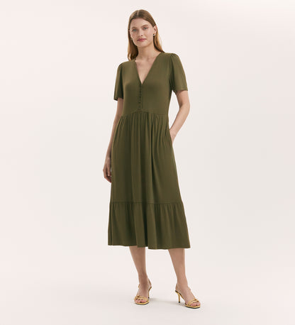 Edith Khaki Jersey Midi Dress